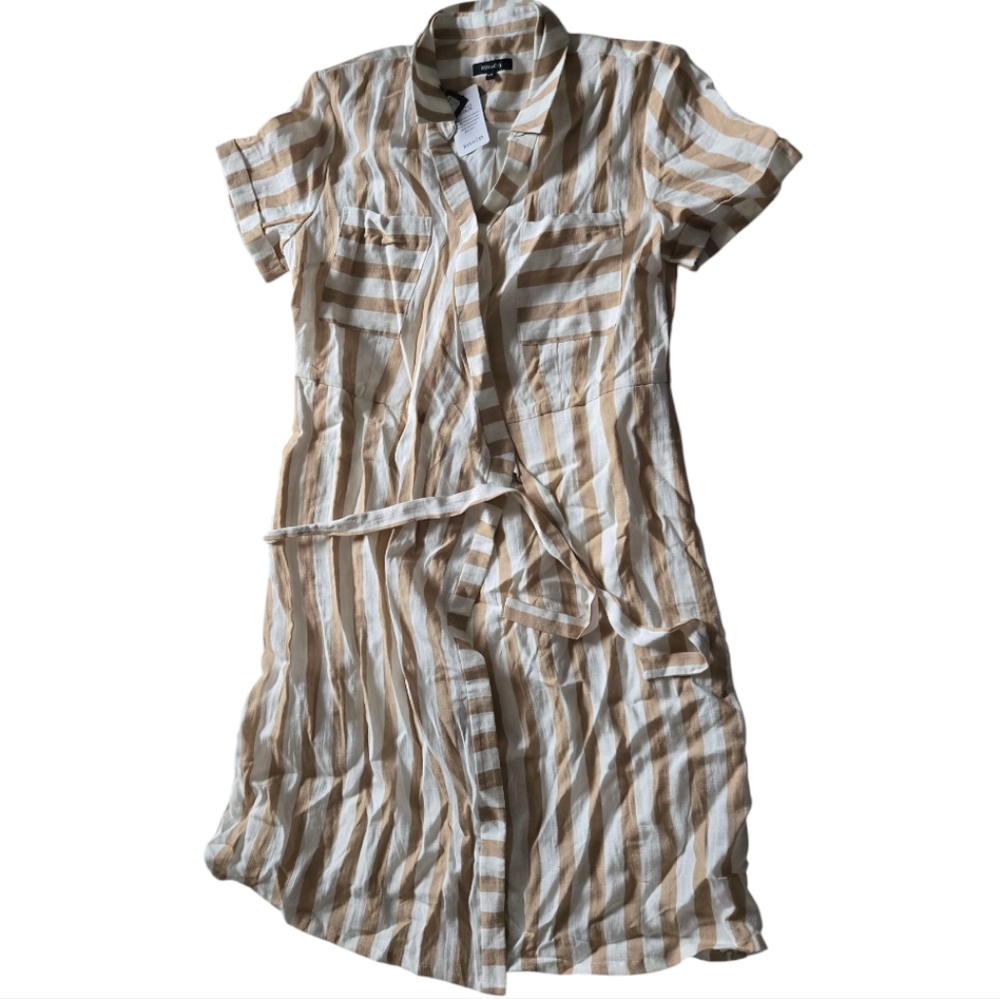 RW&Co Striped Beige and White Wrap Collared Dress Size Medium
